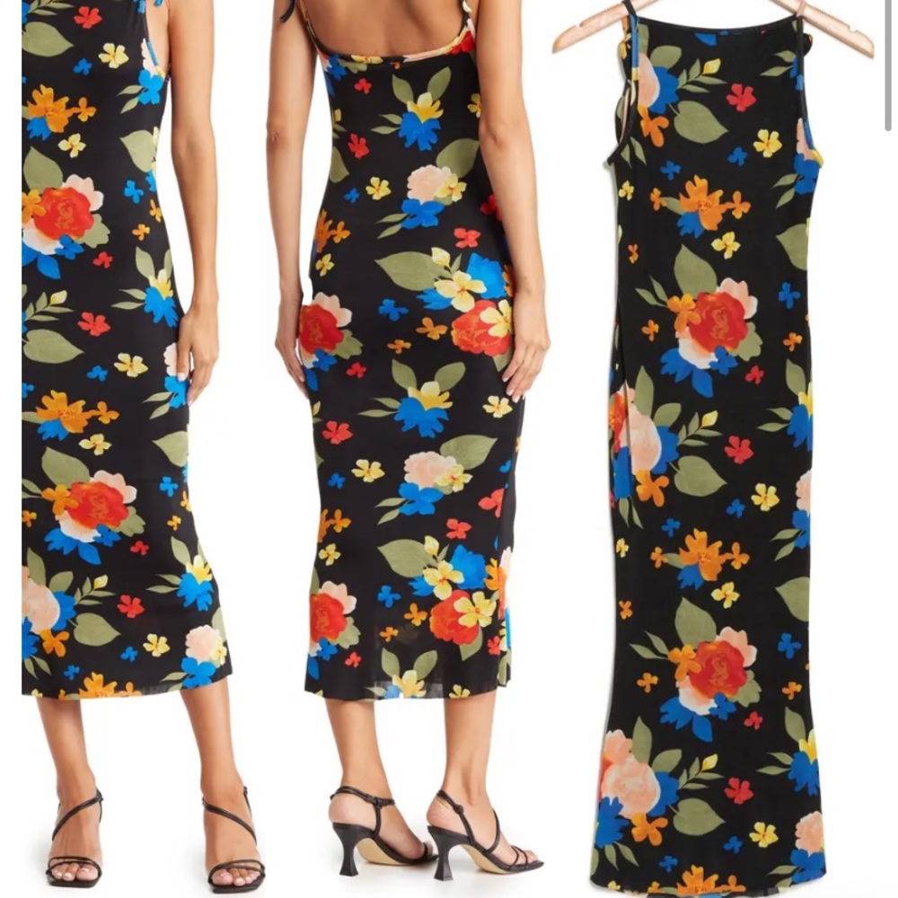 Danielle Bernstein tie shoulder black floral tight maxi dress